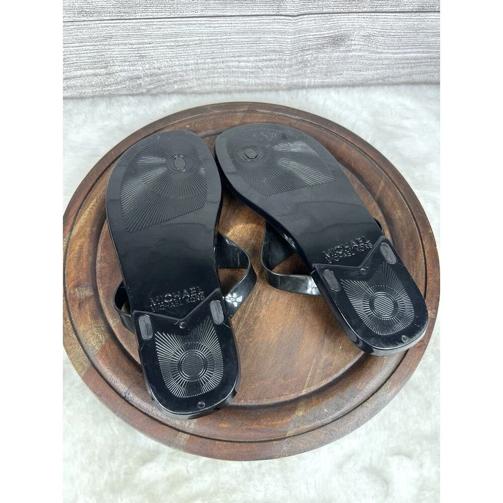 Women MK Michael Kors Lillie Jelly Thong Flat Slide Sandals PVC Black Size 8 M